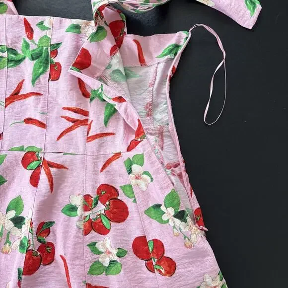 Zara Womens XS Cherry Print Sleeveless A-Line Mini Dress Tie Straps Straight Nec - Picture 6 of 9